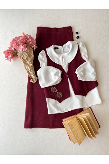 KÜÇÜĞÜM BUTİK Burgundy Stitched Long Skirt