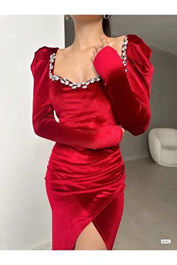 Trendusfashion Women's Evening Dress with Square Neck Velvet Stone Embroidered Long Sleeves Slit