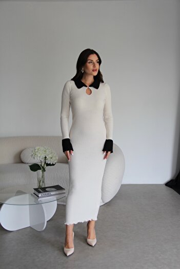 Julidress Polo κολάρο κουμπί λεπτομερώς Fitted Bodycon Midi μήκος πλεκτό φόρεμα πουλόβερ