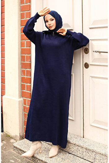 sefamerve Knitwear Dress with Zipper Neckline 2441-06 Navy Blue