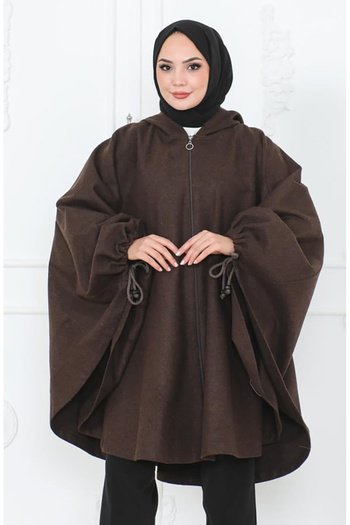 sefamerve Brown Hooded Cashew Poncho - 0505-03