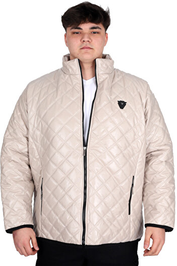 ModeXL Men's Plus Size Beige Quilted Coat - Stand Collar U24615