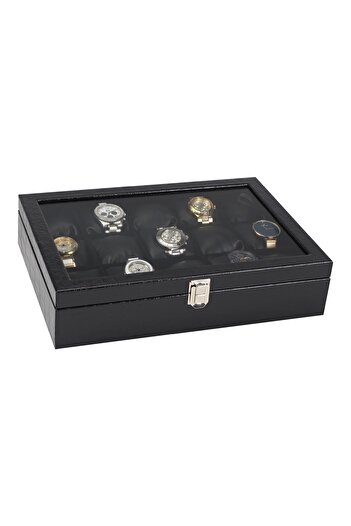 Chavin 15-Piece Black Leather Luxury Series Wooden Glass Watch Box St15-52