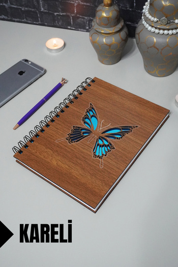 markcat Butterfly Themed Notebook with Wooden Cover - Checked Agenda and School Notebook (A5 - 120 Pages)