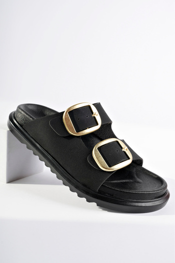 meyra'nın ayakkabıları Women's Black Matte Double Buckle Comfortable Sole Slippers