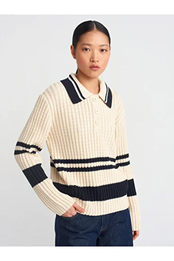 Dilvin 10695 Polo Neck Striped Buttoned Sweater-Ecru-L.