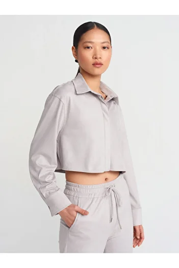 Dilvin 50493 Draped Suede Crop Shirt-Gray