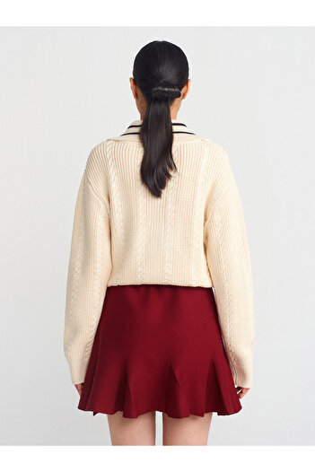 Dilvin 80121 Thick Pleated Knitwear Skirt with Elastic Waist-Claret Red