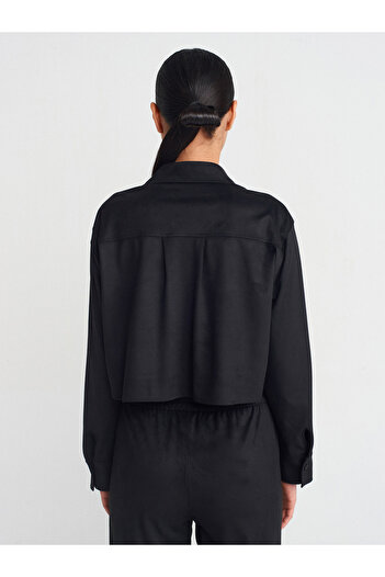 Dilvin 50493 Cămașă crop din piele intoarsa drapată-Negru