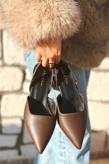POLKA STORE Bitter Brown Matte Leather Pointed Toe Short Block Heeled Women's Shoes Blush