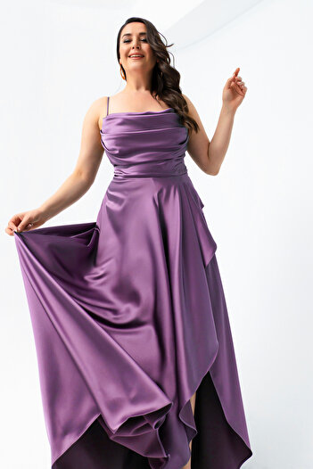 Lafaba Dámské saténové večerní šaty Lavender Flounce Slit Plus Size pro promoce