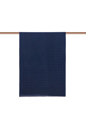 ipekevi Navy Blue Houndstooth Patterned Wool Silk Shawl