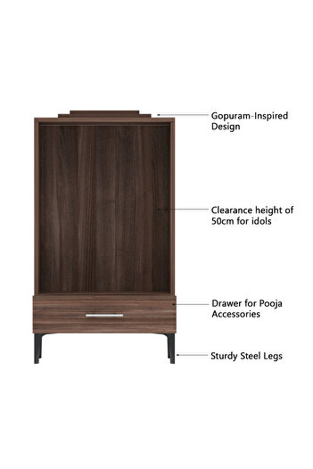 Mahmayi Wooden Mandir, Temple with Single Drawer, Steel Legs-Truffle Brown Branson Robinia