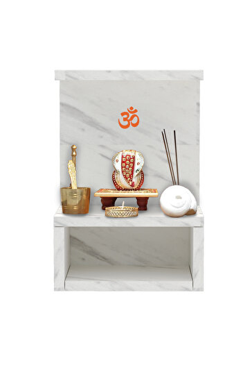 Mahmayi Wooden Small Mandir, Temple with Single Open Shelf-White Levanto Marble