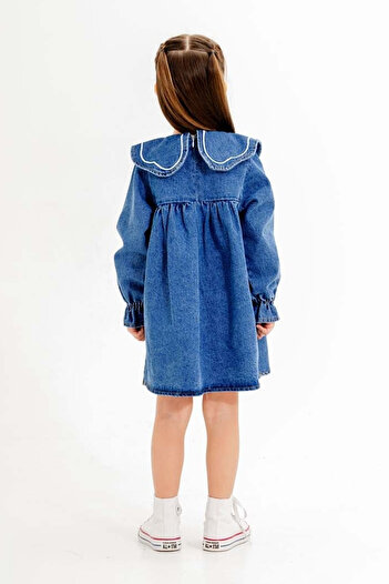 Cansın Mini Lacivert Yakası Çiçek Nakışlı Uzun Kol Kız Çocuk Jean Elbise 20116