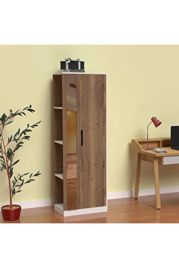 Mahmayi Modern Wardrobe With Side Mirror And Side Shelf, Storage Cabinet With Hangers-Tobacco Halifax Oak