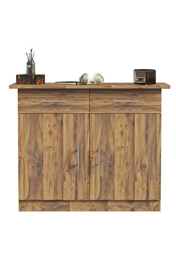 Mahmayi Multifunctional Medium Height Cabinet with 2 Drawers and 2 Door Storage-Dark Hunton Oak
