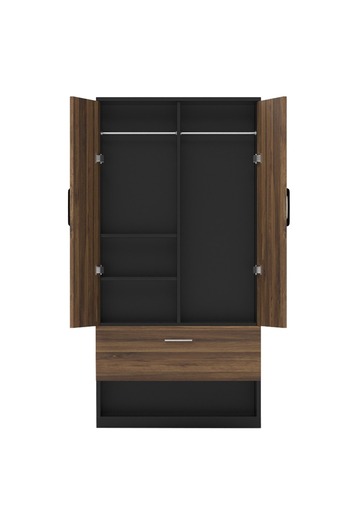 Mahmayi Wooden Wardrobe With 2 Door, And Open Shoe Rack, Rod And 2 Compartments-Dark Hunton Oak/Lava Grey