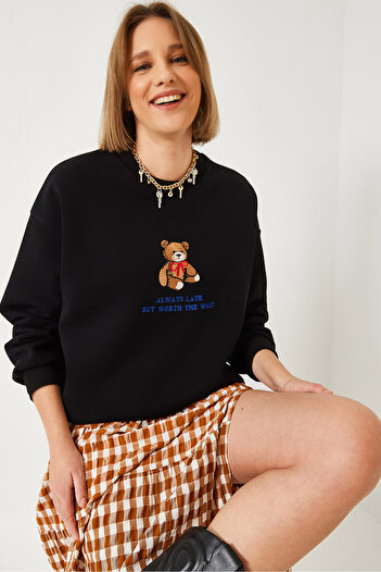 Bianco Lucci Women's Teddy Bear Printed Printed Ribbed Basic Sweatshirt 241011 60261314