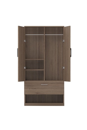 Mahmayi Wooden Wardrobe With 2 Door, And Open Shoe Rack, Rod And 2 Compartments-Truffle Brown Davos Oak
