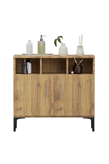 Mahmayi Modern Medium Height Cabinet with 2 Door Storage and 3 Open Shelf-Cognac Brown Sherman Oak