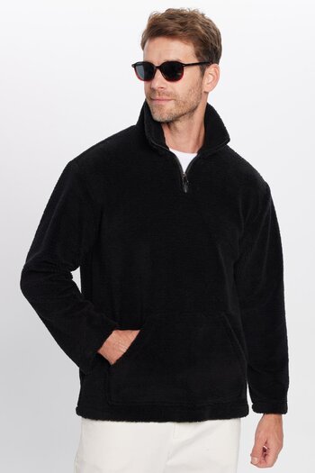 Tudors Φούτερ Unisex Relax Fit Άνετο Φούτερ με μισό φερμουάρ και τσέπη καγκουρό με μαύρο βελούδινο γιακά