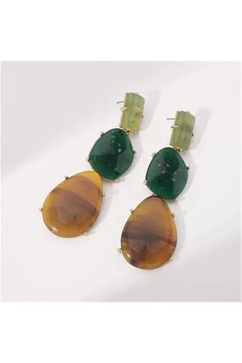 Pelin Aksesuar Green Brown Stone Long Earrings