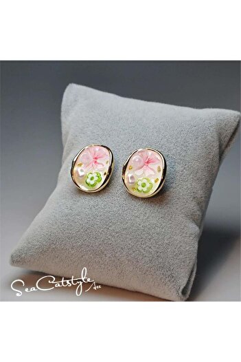 Pelin Aksesuar Pink Flower Patterned Earrings