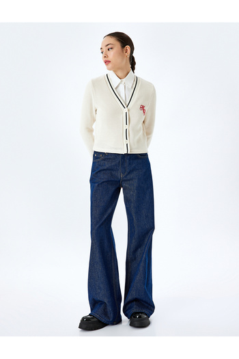 Koton Embroidery Detailed Long Sleeve Buttoned Ribbed V-Neck Knitwear Cardigan