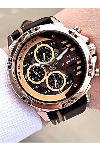 Naviforce Leather Band Inner Functions Active 3 Atm Water Resistant Men Wrist Watch E.Nvf.K.9110