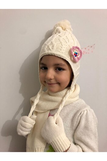 sema aksesuar Beaded Tulle Pompom Beanie Set for Girl 3-8 Years Old - 3-Piece Winter Gift Set