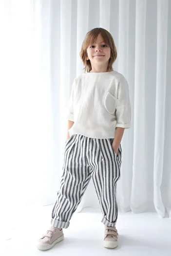 Catz Kids Black and White Striped Linen Carrot Pants + White Muslin Pocket Detail Shirt