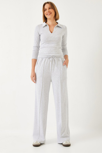 Bianco Lucci Women's Zippered Palazzo Rib Fabric Bottom Top Suit 60261296