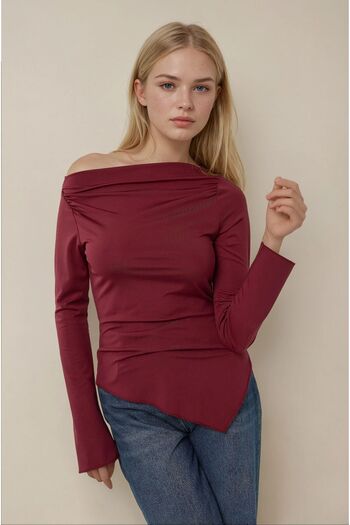 Hiccup Boat Neck Draped Asymmetrical Knitted Blouse