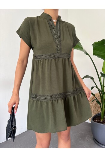 Modamorfo Khaki Color V-Neck Scalloped Ayrobin Dress