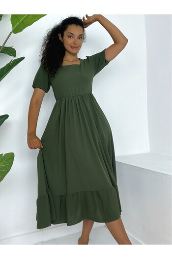 Modamorfo Square Neck Elastic Waist Short Sleeve Ayrobin Dress -Khaki