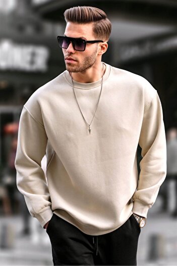 Madmext Μπεζ ανδρικό φούτερ με λαιμόκοψη Oversize Basic 6048