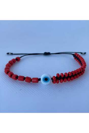 Bensei Takı Dükkanı Bensei̇ Coral Colored Turquoise Stone and Glass Beaded Bracelet with Glass Evil Eye Bead Accessory