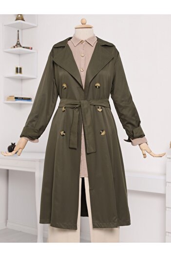 Modamorfo Double Button Belted Long Trench Coat