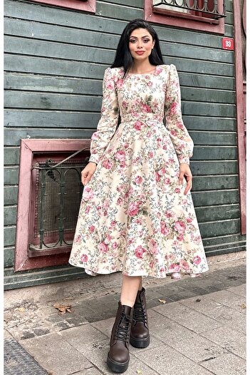 KÜÇÜĞÜM BUTİK Vintage Kare Yaka Krem-Pembe Çiçekli Kloş Elbise