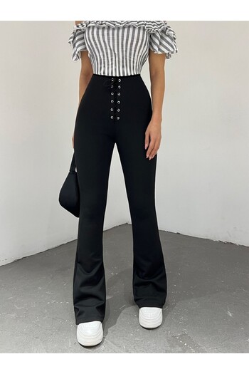 Modamorfo Elastic Waist Lace-Up Flared Leg Leggings - Black