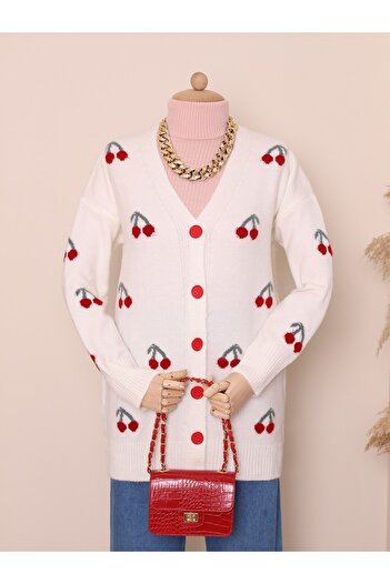 Modamorfo Ecru Soft Cardigan with Buttons and Cherry Embroidery, Intermediate