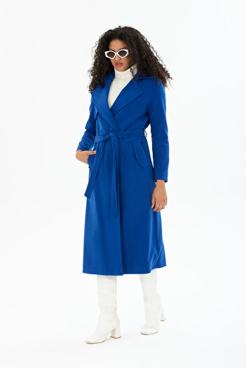 Pitti Women's Saks Blue Belted Lined Long Windbreaker Coat