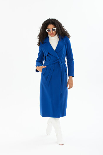 Pitti Women's Saks Blue Belted Lined Long Windbreaker Coat
