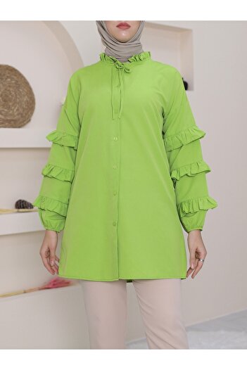 Modamorfo Lace-Up Collar, Layered Ruffle Sleeves, Button Tunic