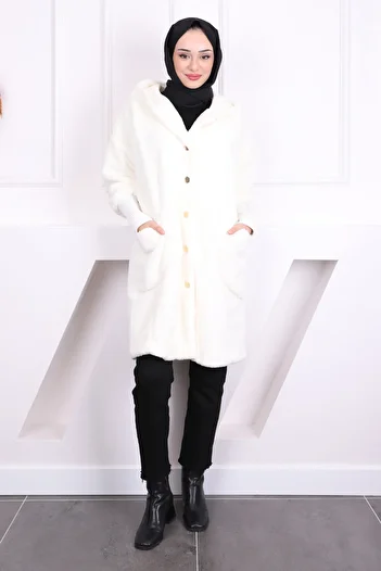 İmajButik Cream Hooded Angora Coat