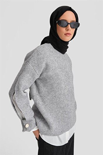 Armine Kolu Yırtmaç Detaylı Kazak 24kd4201 Gri Melanj