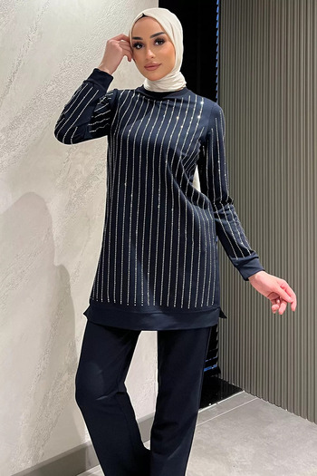 julude Navy Blue Women's Hijab Stone Detailed Tunic Trousers Double Set
