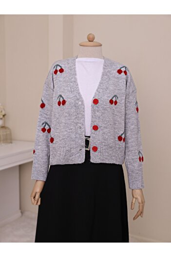Modamorfo Gray Cherry Print Short Cardigan