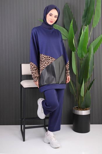 İmajButik Navy Blue Leather Garnished Modal Tunic Pants Suit